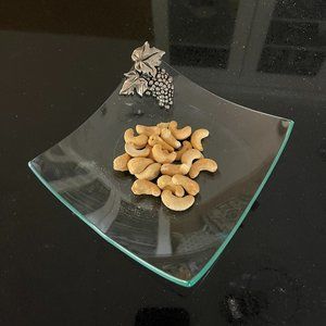 Mid Century Annieglass Style Square Curved Nut Dish with Silver Grapes